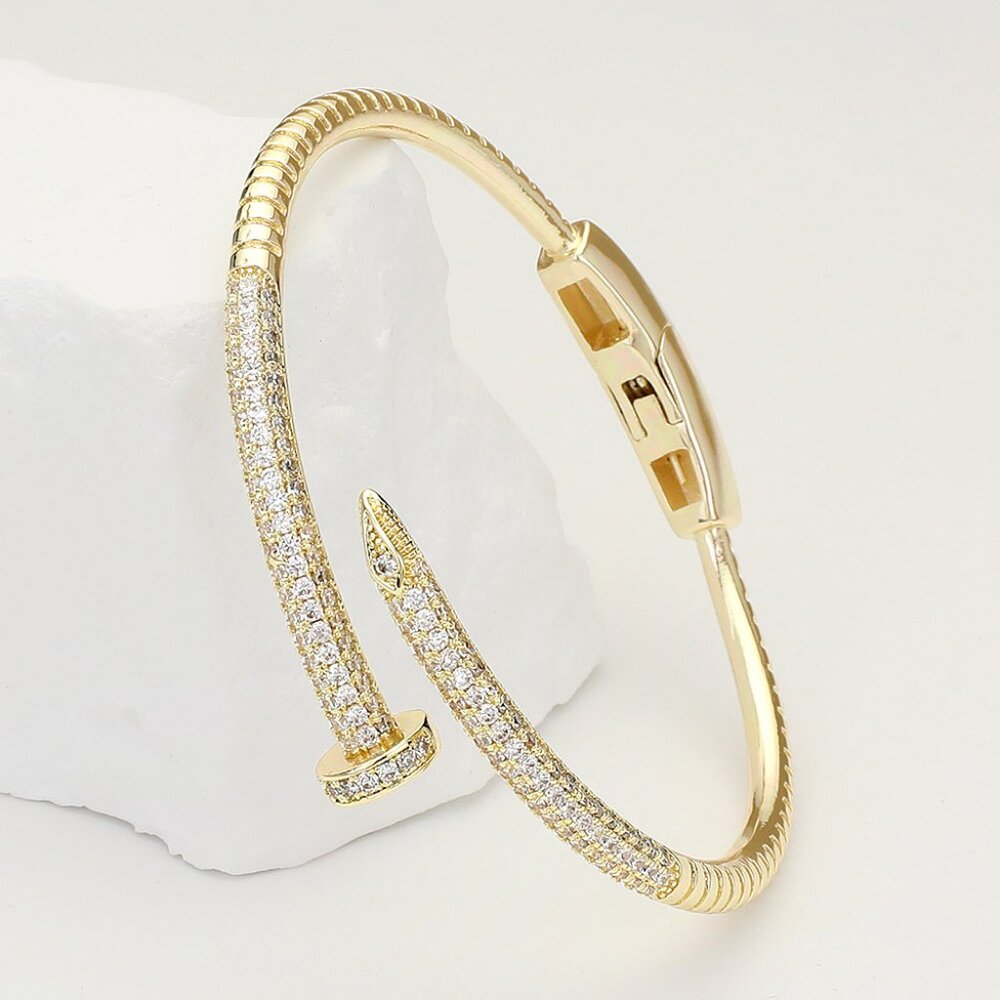 CZ Stone Paved Nail Hinged Bangle Bracelet in Gold